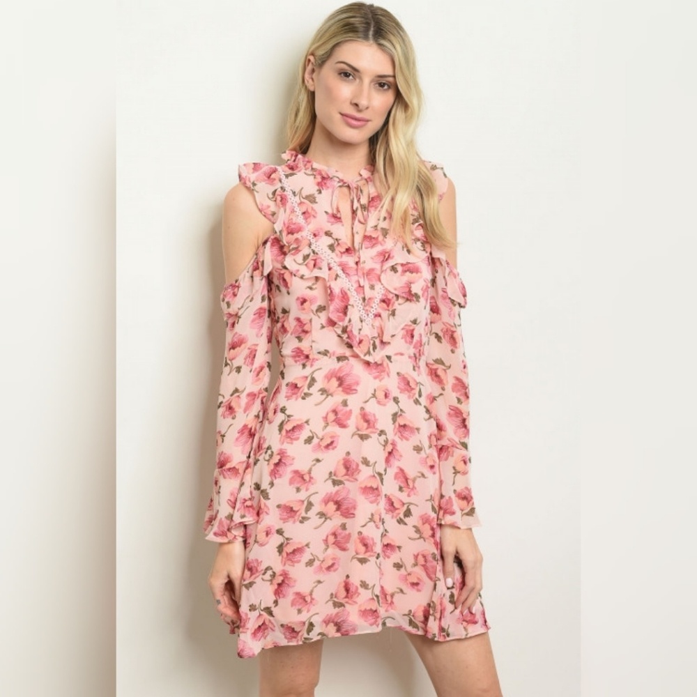 B2G1 Pink Floral Dress With Cold Shoulder